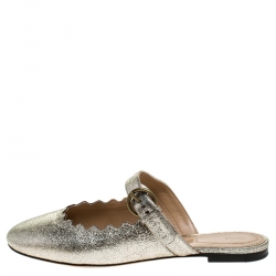 Pre Owned Chloe Silver Foil Leather Lauren Buckle Strap Flat Slides Size 39.5