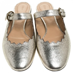 Pre Owned Chloe Silver Foil Leather Lauren Buckle Strap Flat Slides Size 39