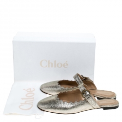 Pre Owned Chloe Silver Foil Leather Lauren Buckle Strap Flat Slides Size 39