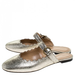 Pre Owned Chloe Silver Foil Leather Lauren Buckle Strap Flat Slides Size 39