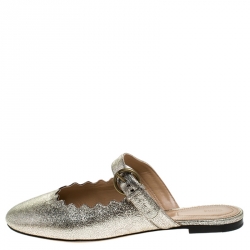 Pre Owned Chloe Silver Foil Leather Lauren Buckle Strap Flat Slides Size 39