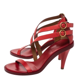 Pre Owned Chloe Red Leather Double Ankle Strap Niko Sandals Size 37.5