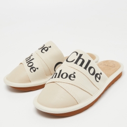 Pre Owned Chloe Cream Canvas and Leather Woody Mules Size 37