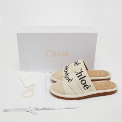 Pre Owned Chloe Cream Canvas and Leather Woody Mules Size 37