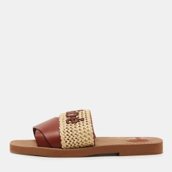 Chloe Brown/Beige Leather and Woven Raffia Woody Flat Slides Size 38