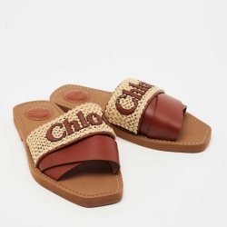 Chloe Brown/Beige Leather and Woven Raffia Woody Flat Slides Size 38