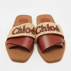 Chloe Brown/Beige Leather and Woven Raffia Woody Flat Slides Size 38