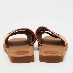 Chloe Brown/Beige Leather and Woven Raffia Woody Flat Slides Size 38