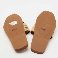 Chloe Brown/Beige Leather and Woven Raffia Woody Flat Slides Size 38
