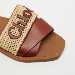 Chloe Brown/Beige Leather and Woven Raffia Woody Flat Slides Size 38