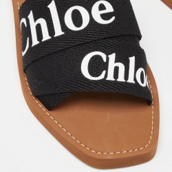 Chloe Black Canvas Logo Woody Flat Slides Size 40