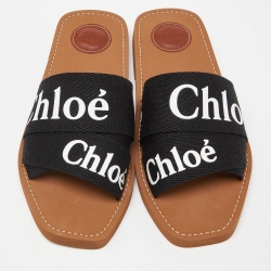 Chloe Black Canvas Logo Woody Flat Slides Size 40