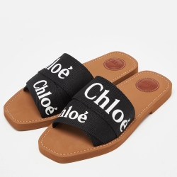 Chloe Black Canvas Logo Woody Flat Slides Size 40