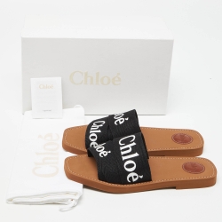 Chloe Black Canvas Logo Woody Flat Slides Size 40