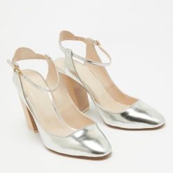 Pre Owned Chloe Silver Leather Ankle Strap Pumps Size  39.5