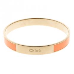 Pre Owned Chloe Holly Peach Enamel Gold Tone Bangle Bracelet S