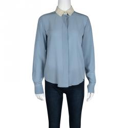 Pre Owned Chloe Sea Spray Blue Contrast Club Collar and Cuff Silk Shirt S