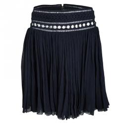 Pre Owned Chloe Deep Navy Blue Crinkled Silk Chiffon Cutout Lace Waist Detail Mini Skirt S