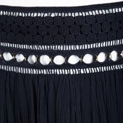 Pre Owned Chloe Deep Navy Blue Crinkled Silk Chiffon Cutout Lace Waist Detail Mini Skirt S