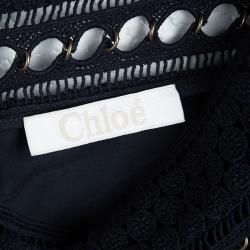 Pre Owned Chloe Deep Navy Blue Crinkled Silk Chiffon Cutout Lace Waist Detail Mini Skirt S