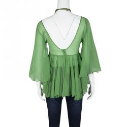 Pre Owned Chloe Green Crinkled Chiffon Gathered Tie Detail Blouse M
