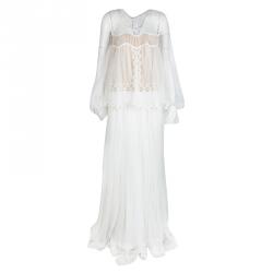 Pre Owned Chloe White Herringbone Lace Long Sleeve Maxi Dress M