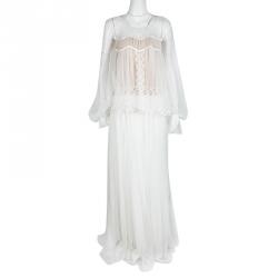 Pre Owned Chloe White Herringbone Lace Long Sleeve Maxi Dress M