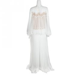 Pre Owned Chloe White Herringbone Lace Long Sleeve Maxi Dress M