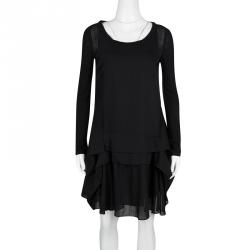 Pre Owned Chloe Black Wool Pleated Panel Detail Long Sleeve Dress S