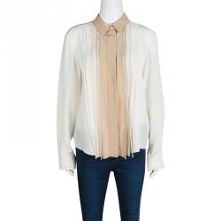 Pre Owned Chloe Cream Contrast Collar and Lapel Ladder Lace Detail Silk Blouse L