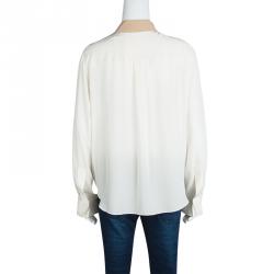 Pre Owned Chloe Cream Contrast Collar and Lapel Ladder Lace Detail Silk Blouse L