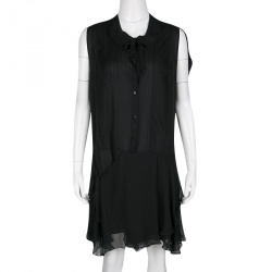 Pre Owned Chloe Black Silk Chiffon Pintuck Detail Ruffle Bottom Sleeveless Dress M