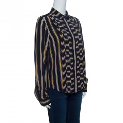 Pre Owned Chloe Black Broken Stripe Print Pintucked Long Sleeve Shirt M  