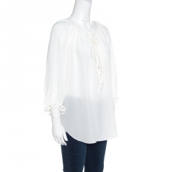 Pre Owned Chloe Iconic Milk White Silk Scalloped Lace Trim Peasant Blouse L