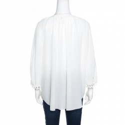 Pre Owned Chloe Iconic Milk White Silk Scalloped Lace Trim Peasant Blouse L