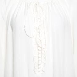 Pre Owned Chloe Iconic Milk White Silk Scalloped Lace Trim Peasant Blouse L