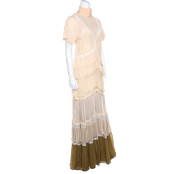 Pre Owned Chloe Beige and Lilac Tiered Silk Chiffon Lace Trim Ruffled Maxi Dress M