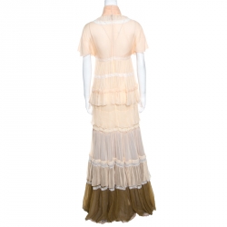 Pre Owned Chloe Beige and Lilac Tiered Silk Chiffon Lace Trim Ruffled Maxi Dress M