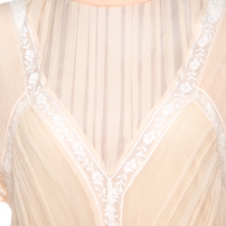 Pre Owned Chloe Beige and Lilac Tiered Silk Chiffon Lace Trim Ruffled Maxi Dress M