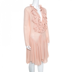 Pre Owned Chloe Tender Pink Silk Ruffle Detail Long Sleeve Dress S