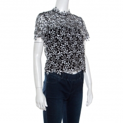 Pre Owned Self Portrait Monochrome Floral Embroidered Lace Cropped Top S