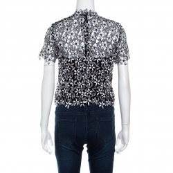 Pre Owned Self Portrait Monochrome Floral Embroidered Lace Cropped Top S