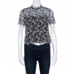 Pre Owned Self Portrait Monochrome Floral Embroidered Lace Cropped Top S