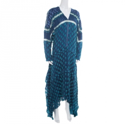 Pre Owned Chloe Cyan Blue Fil Coupe Jacquard Silk Asymmetric Midi Dress M