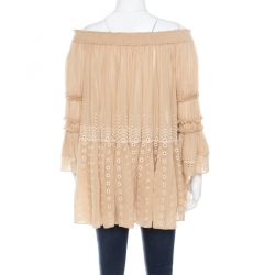 Pre Owned Chloe Beige Rose Eyelet Embroidered Cotton Oversized Off Shoulder Peasant Top S