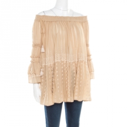 Pre Owned Chloe Beige Rose Eyelet Embroidered Cotton Oversized Off Shoulder Peasant Top S