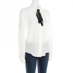 Pre Owned Chloe Milk White Crepe de Chine Contrast Neck Tie Detail Blouse M