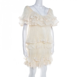 Pre Owned Chloe Pristine Cream Eyelet Embroidered Plisse Silk Ruffle Tiered Dress S