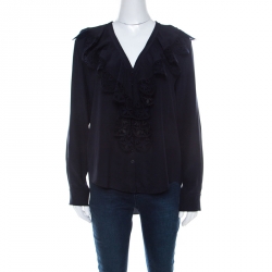 Chloe Navy Blue Silk and Lace Button Front Blouse S