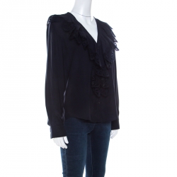Chloe Navy Blue Silk and Lace Button Front Blouse S